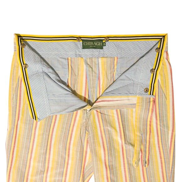 Mens Gurkha Pants 38 Yellow Pink Striped Cotton Trousers Straight Fit Flat Front - Picture 4 of 8